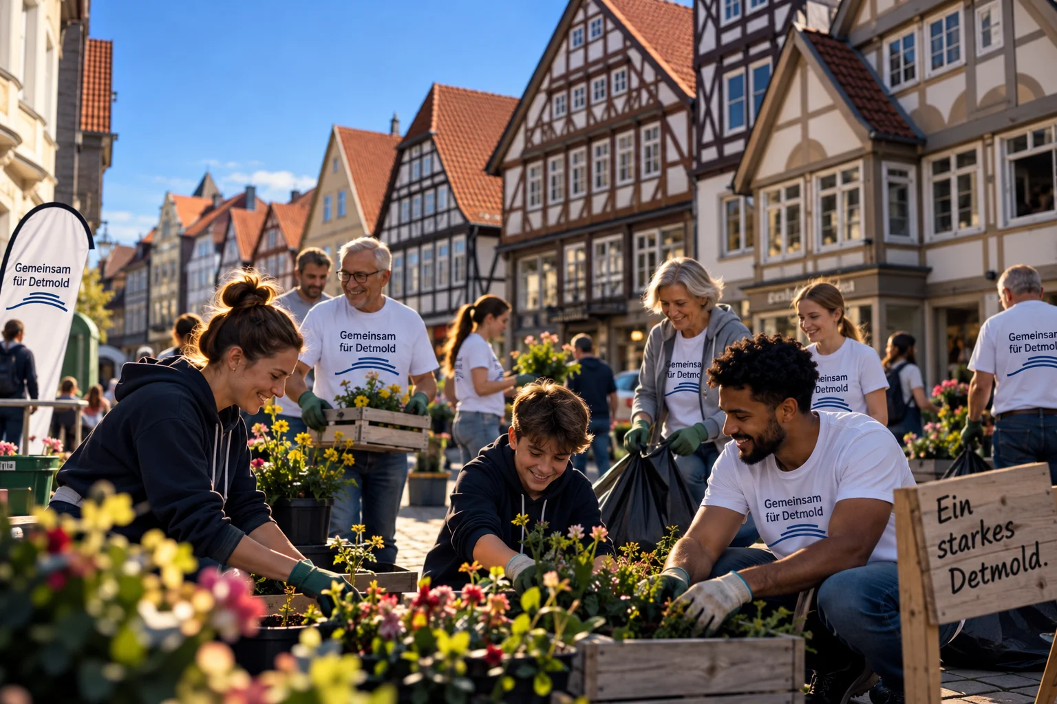 Ehrenamtliche mit „Gemeinsam für Detmold“-Shirts auf dem Marktplatz