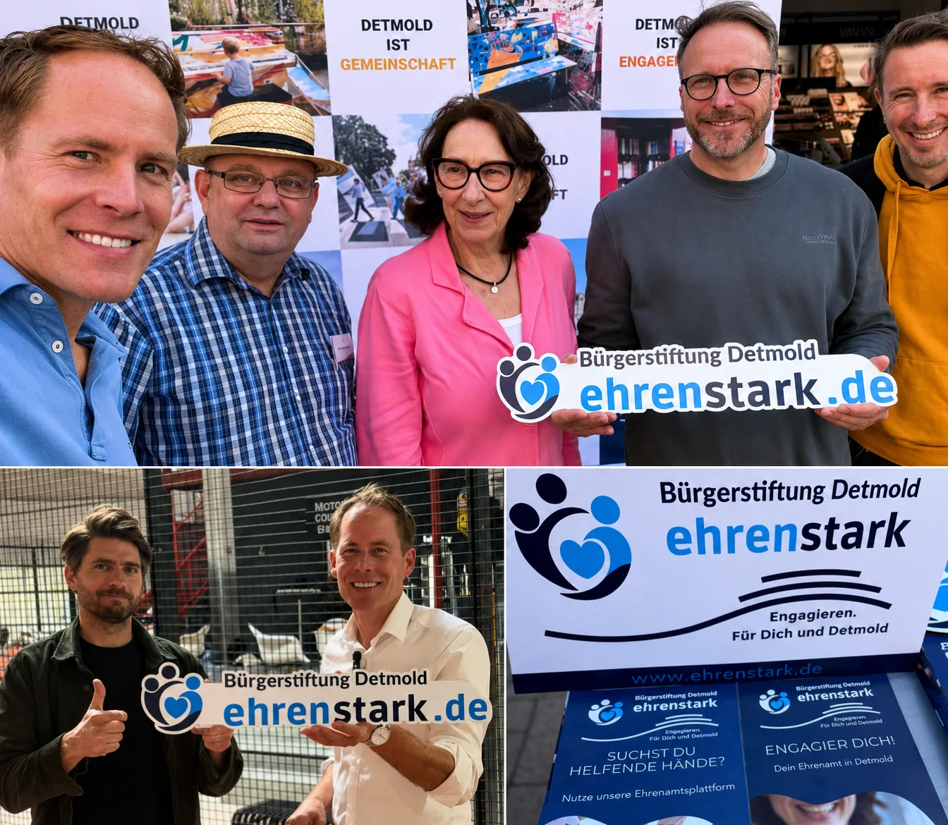 Collage: Menschen halten Schilder mit dem Logo ehrenstark.de der BĂĽrgerstiftung Detmold