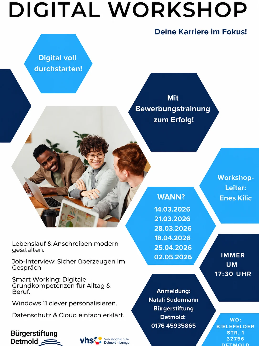 Plakat „Digital Workshop — Deine Karriere im Fokus!“ der Bürgerstiftung Detmold mit der VHS Detmold-Lemgo