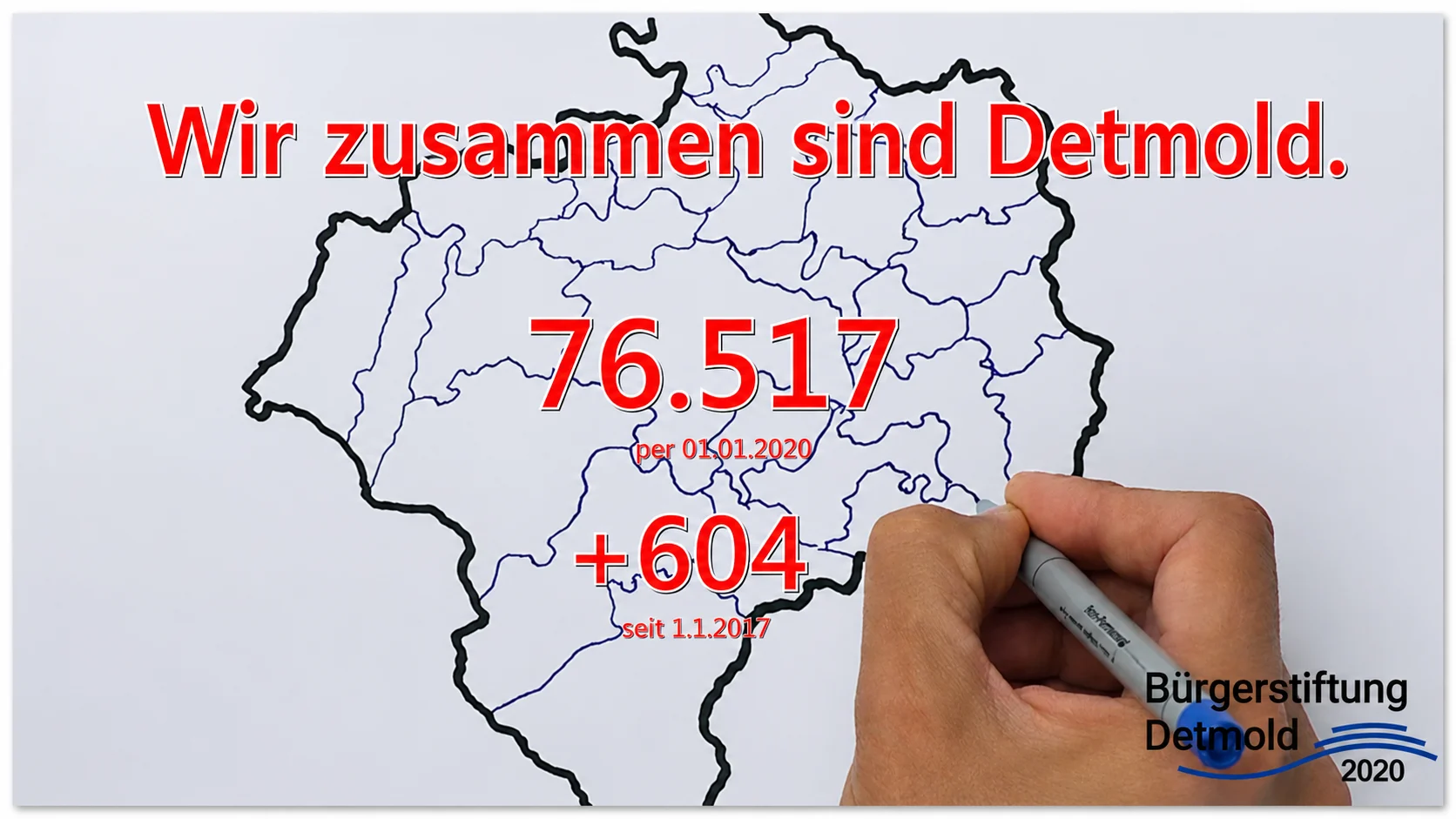 Grafik „Wir zusammen sind Detmold“ mit der Einwohnerzahl 76.517 per 01.01.2020 auf einer gezeichneten Karte