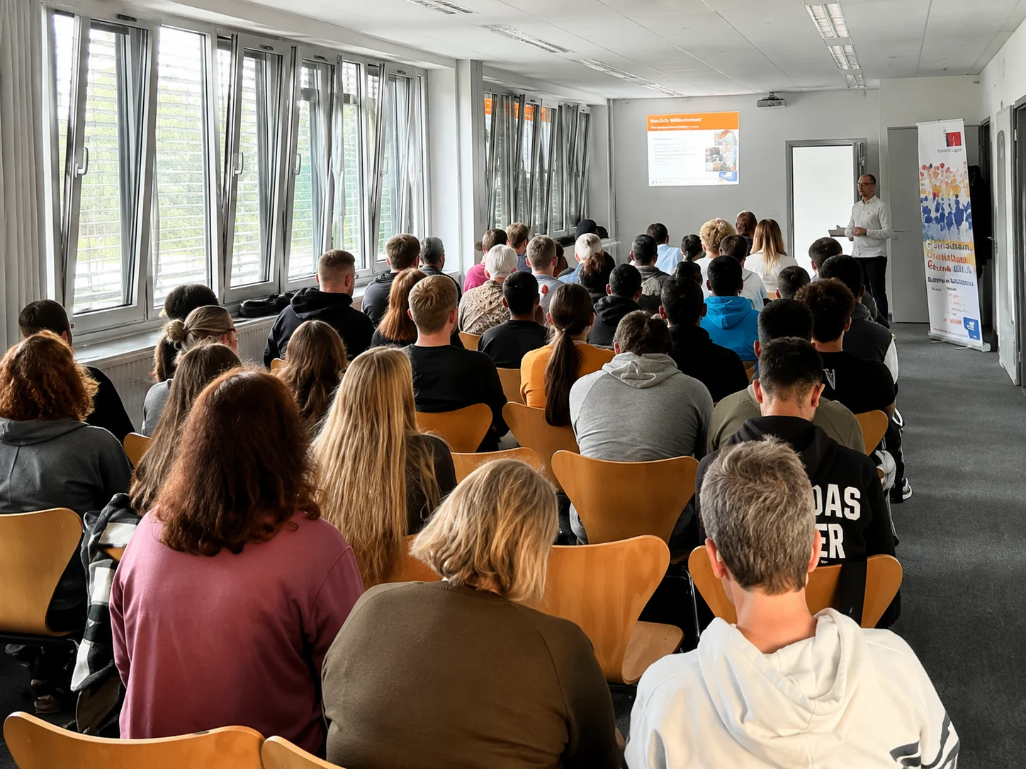 Rund 40 Jugendliche sitzen bei der Informationsveranstaltung zu beruflichen Perspektiven in Detmold