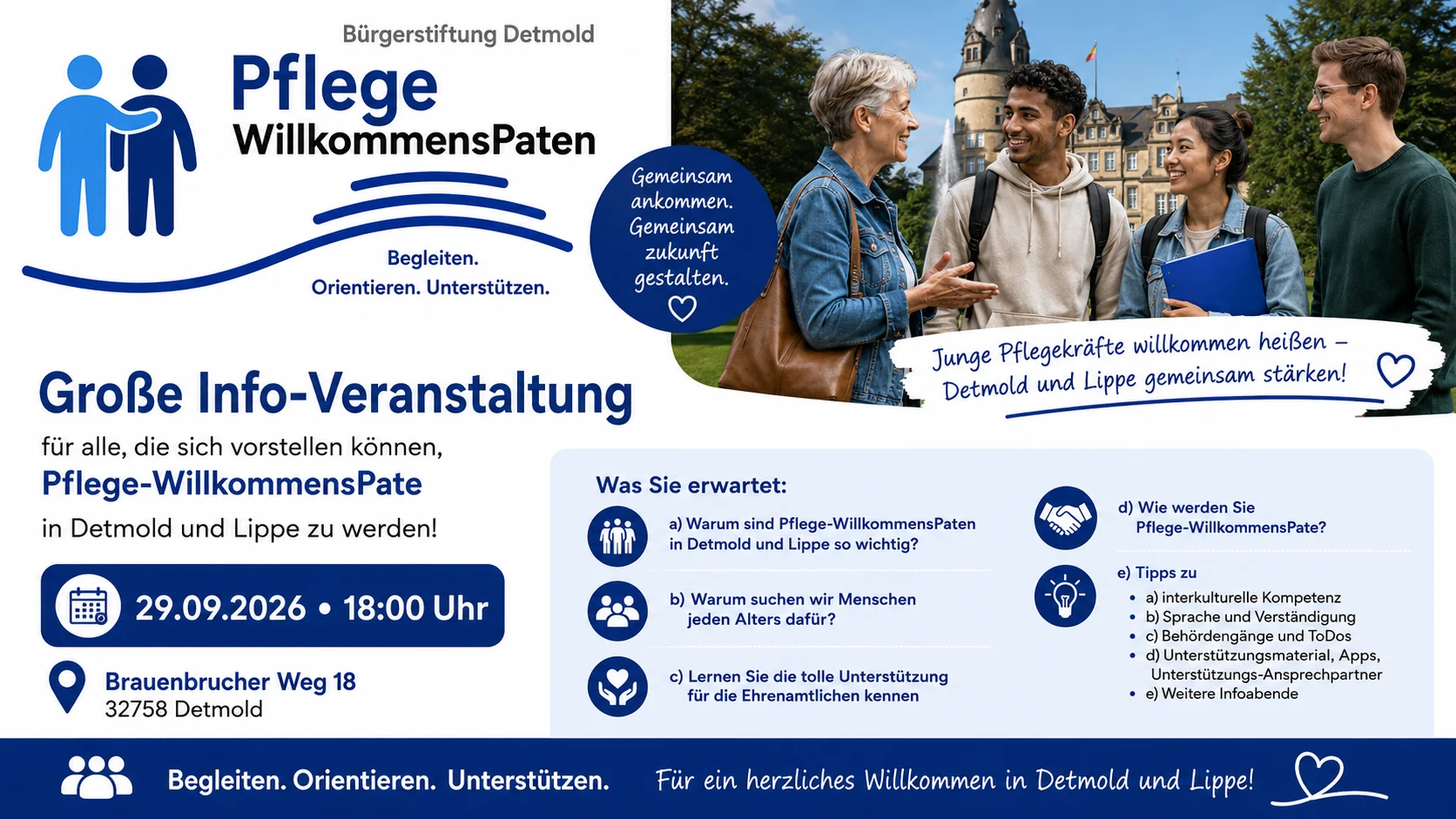 Plakat der Bürgerstiftung Detmold zur großen Info-Veranstaltung Pflege-WillkommensPaten am 29.09.2026 um 18 Uhr, Brauenbrucher Weg 18, Detmold