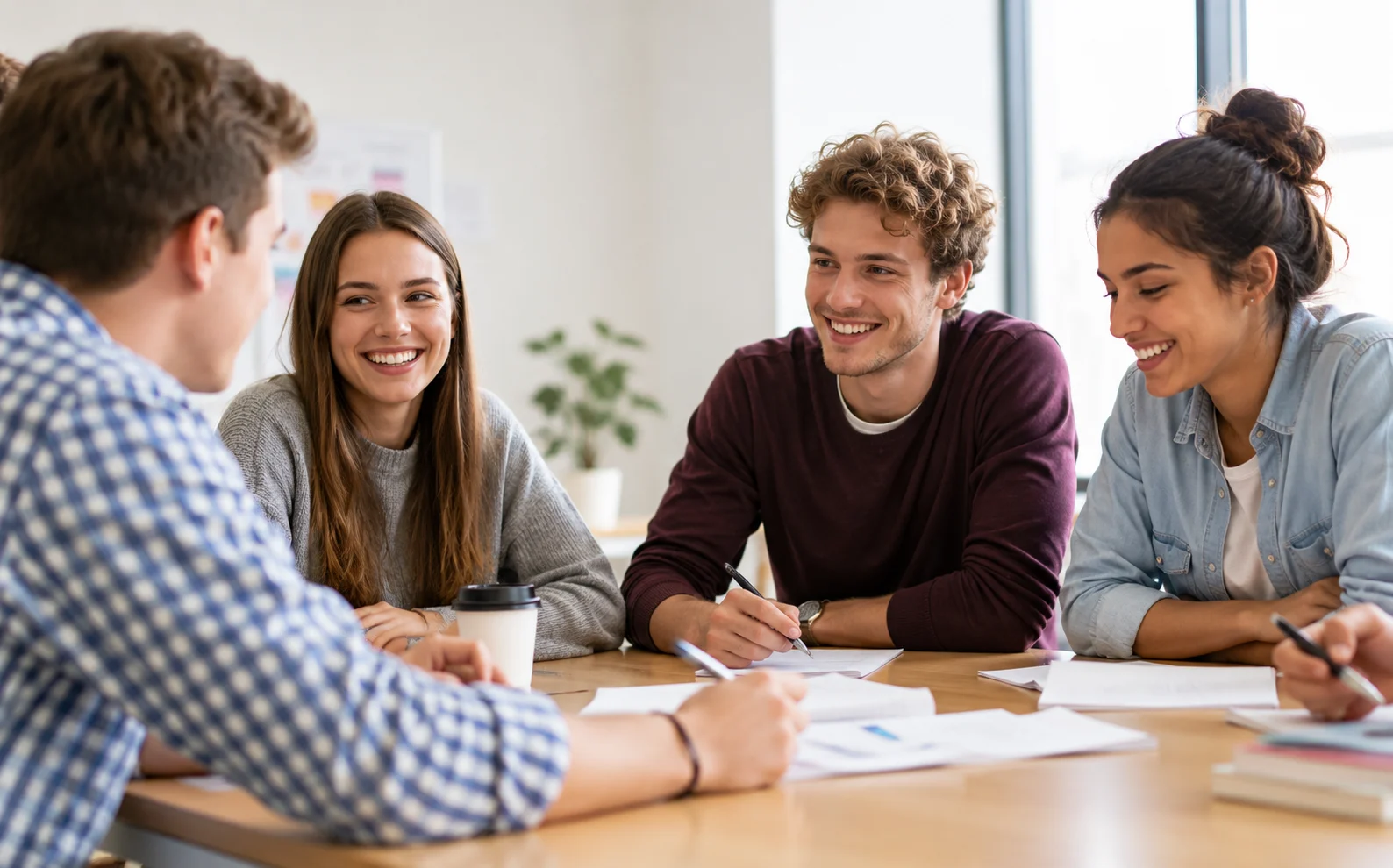 Junge Menschen sitzen gemeinsam an einem Tisch und tauschen sich ĂĽber Ausbildungsberufe aus