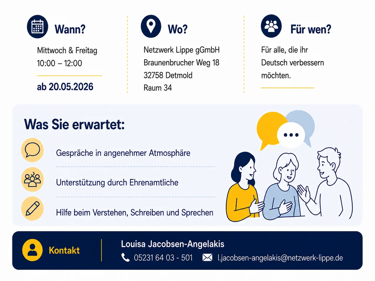 Alle Infos auf einen Blick: Termine, Ort und was Sie beim Sprachtraining erwartet.