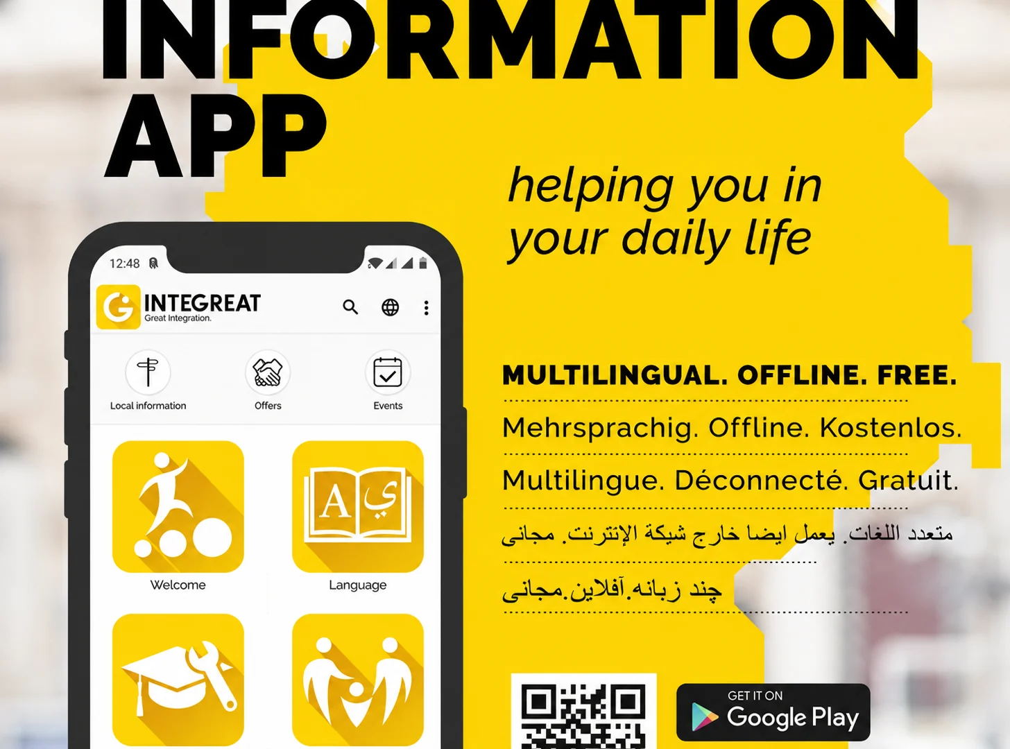 Plakat der Integreat-App: Smartphone mit der App-Startseite, daneben der Hinweis „Mehrsprachig. Offline. Kostenlos.“